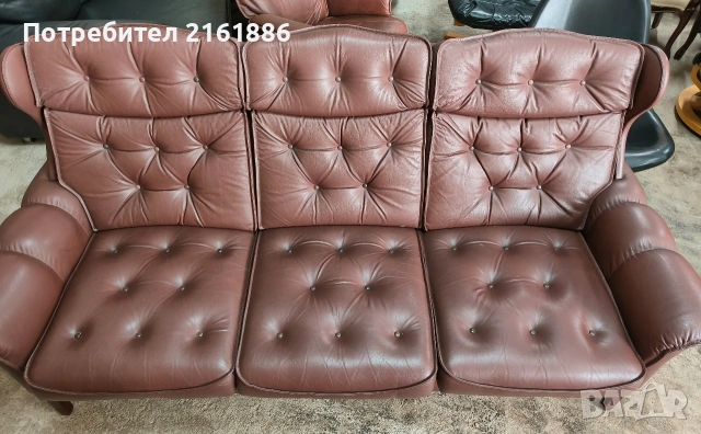 Винтидж диван тройка от естествена кожа , снимка 6 - Дивани и мека мебел - 54183558