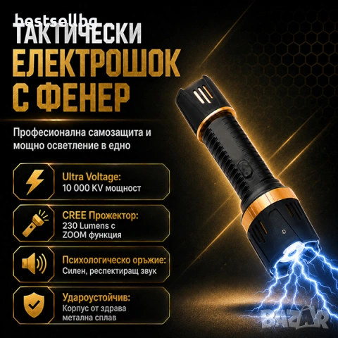 Мощен електрошок лед фенер презареждащ се USB кучегон самозащта кучета