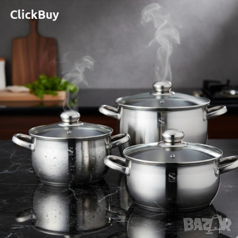 Комплект тенджери Swissgold EMMIE (SG-18099) – 3 броя с 5-слойно капсуловано дъно, снимка 3 - Съдове за готвене - 54120786