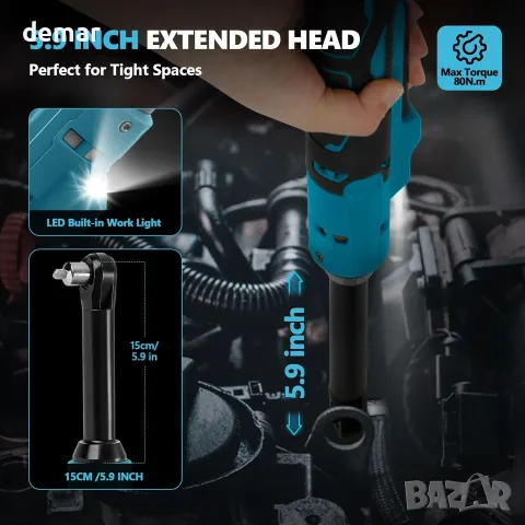 Акумулаторен тресчотка винтоверт/гайковерт 3/8", за 18–21V батерия Brushless с LED и адаптери, снимка 6 - Ключове - 55321035