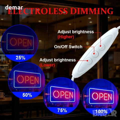 LED неонова табела „OPEN“ за търговски обекти, бар/ресторант (42 см) с верига и димер, снимка 4 - Лед осветление - 54924871