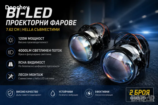 Bi-LED проекторни фарове 3” (7.62 см) – 120W, комплект 2 бр.