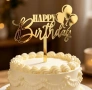 Happy birthday с три балона златист акрилен топер за забучване върху торта Рожден ден декорация , снимка 1