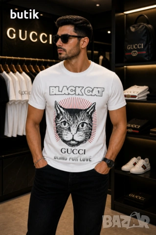 Gucci Black Cat бяла мъжка тениска – M, L, XL, снимка 2 - Тениски - 54427290