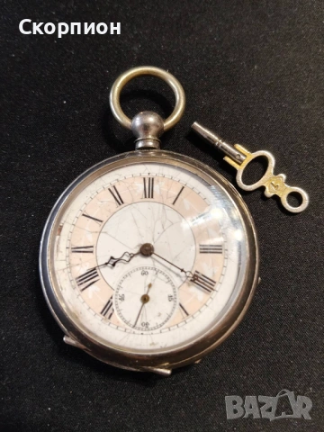 Швейцарски джобен часовник с посребрени капаци 1905г. с ключе - 10 РУБИНА - ПРОМОЦИЯ, снимка 2 - Джобни - 51777742