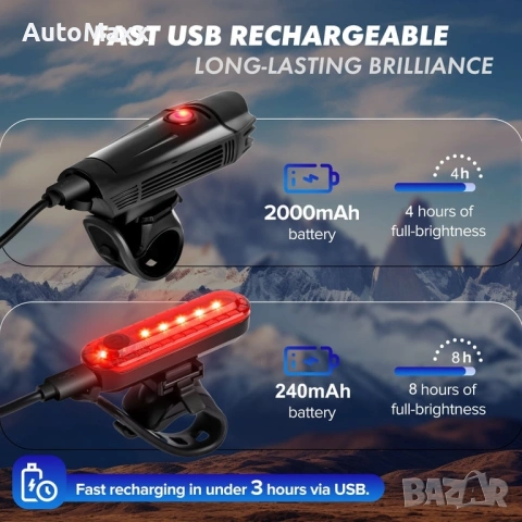 Комплект велосипедни светлини Kifunppy, предни и задни светлини, USB презареждащи се  , снимка 3 - Аксесоари за велосипеди - 54563316