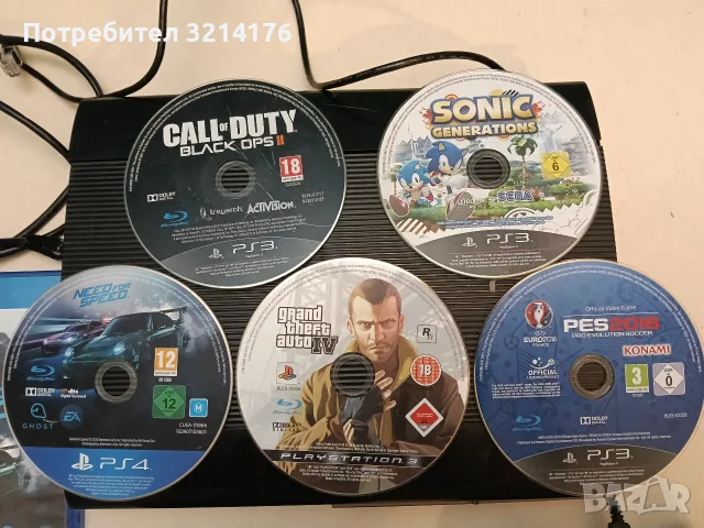 SONY Playstation PS3 Super Slim. 12GB; 2 оригинални джойстика + 5 диска с игри; LAN кабел, снимка 2 - PlayStation конзоли - 55429967