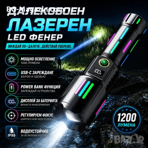 Далекобоен лазерен LED фенер прожектор мощен USB зареждане за лов риболов къмпинг туризъм работа
