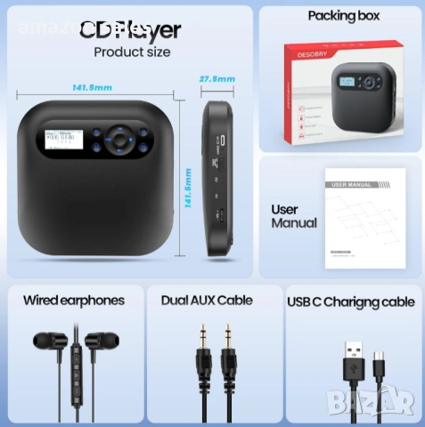 Преносим CD плейър DESOBRY с Bluetooth CD плейър с високоговорители, презареждащ се дискмен за кола , снимка 5 - Други - 54479867