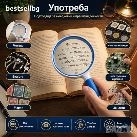 Ръчна увеличителна стъклена лупа с голямо увеличение 10X за четене, снимка 2 - Други инструменти - 46833855