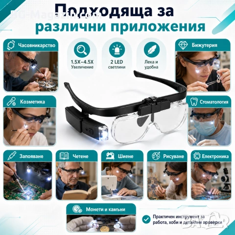 Професионална увеличителна лупа за глава очила LED осветление за четене шиене гоблени бродиране, снимка 3 - Други инструменти - 50919261