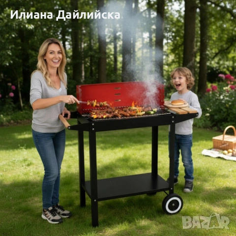 Градинско барбекю на колела, емайлирана стомана, 4 степени + Подарък 3 прибора.