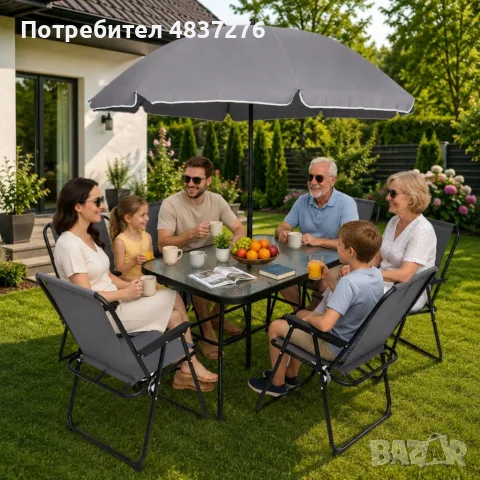 Комплект градински мебели-маса от закалена стъкло, 6 метални стола и чадър, снимка 2 - Градински мебели, декорация  - 55502522
