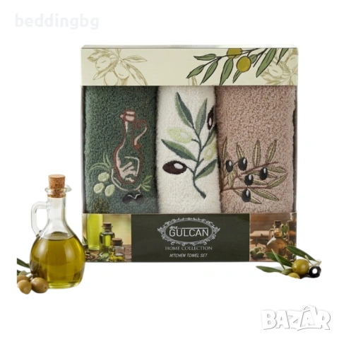 Комплект 3бр. памучни кърпи с бродерия "Маслина" - Турция, снимка 3 - Хавлиени кърпи - 54165908