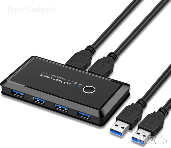 GeekerChip USB 3.0 Switch 2 към 4, KVM USB суич за 2 компютъра, 5Gbps, с 2 USB кабела
