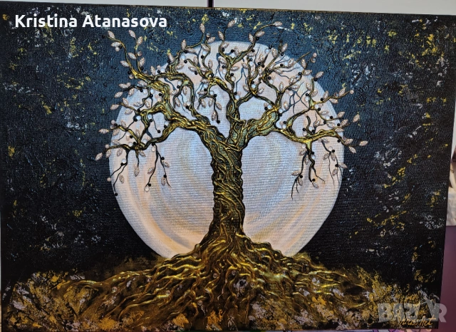 Уникална ръчна картина – златно дърво 70x50 см“