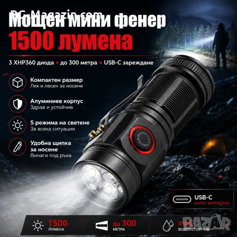 Мощен мини фенер LED акумулаторен 1500 лумена ръчен за лов риболов къмпинг палатка туризъм USB