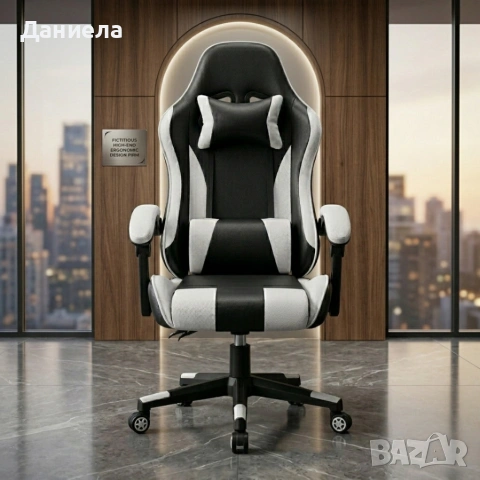 Ергономичен офис и геймърски бял стол – Максимален комфорт за гърба и врата, регулируем, снимка 2 - Столове - 54204577