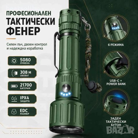 Мощен тактически акумулаторен фенер YEMAO 5080 лумена 3x KX50 LED USB-C Power Bank един бутон