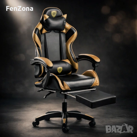 Черен геймърски стол с златисти акценти и разтегляема поставка за крака – луксозен комфорт без компр
