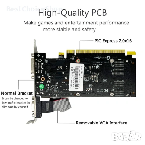 Видеокарта QTHREE GeForce 210 - 1GB DDR3 HDMI DVI VGA 64-битова – Low Profile, снимка 7 - Видеокарти - 54934376