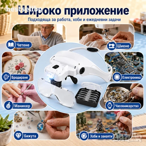 Лупа за глава очила LED осветление за четене шиене бродиране, снимка 4 - Други инструменти - 41320175