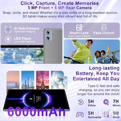 Чисто нов запечатан таблет SUAAT S3 10 инча – Android 15, 30GB RAM, 64GB, Комплект с клавиатура и..., снимка 8 - Таблети - 54766278