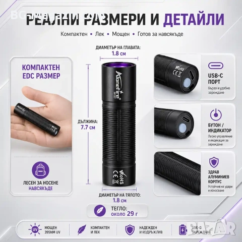 Професионален ултравиолетов ръчен UV фенер 365nm черен филтър за фалшиви пари евро урина камъни, снимка 3 - Други инструменти - 54340413