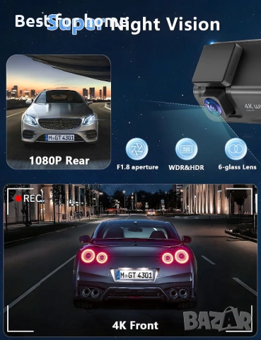 Otovoda Видеорегистратор за автомобили с предна и задна камера, 4K+1080P WiFi двойна видеокамера , снимка 5 - Други - 54414160