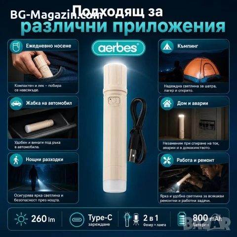 Мощен акумулаторен джобен фенер Aerbes 800mAh с COB лампа и Type-C, снимка 6 - Къмпинг осветление - 55123723