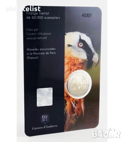 Андора 2025 - 2 евро - Фауна - Брадат лешояд Coincard BU, снимка 2 - Нумизматика и бонистика - 53707515