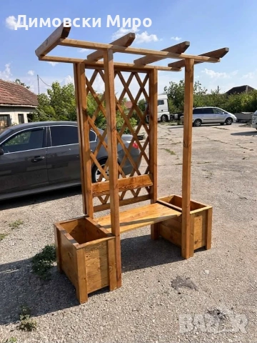 Масивна дървена пергола с пейка и кашпи / Градинска мебел, снимка 4 - Градински мебели, декорация  - 55111615