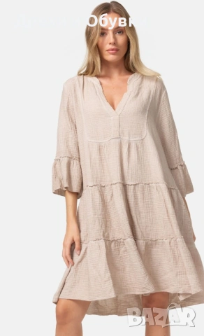 Бежова рокля памучна материя , снимка 8 - Рокли - 54153992