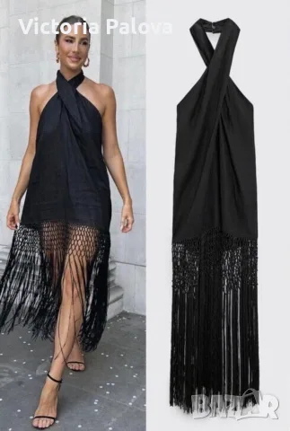 Хитова черна ленена рокля Zara с макраме и ресни, размер XS (Blogger's favorite / Много тьрсен модел, снимка 13 - Рокли - 55347616
