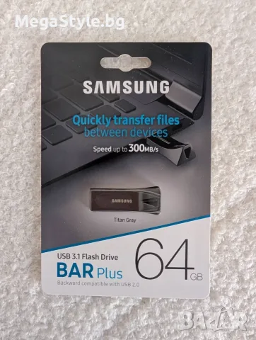 Флаш памет Samsung BAR Plus 64 GB Type-A 300 MB/s USB 3.1, титаново сива, снимка 3 - USB Flash памети - 55356648