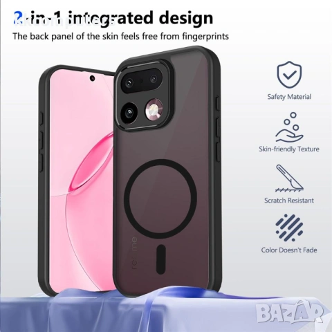 Магнитен Матов Калъф за Realme 16 Pro 5G - PC+TPU, 1.5mm защита, Airbag, Черен, снимка 2 - Калъфи, кейсове - 54148712