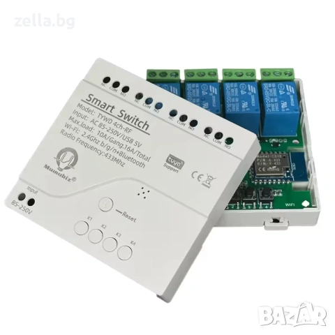 Интелигентно WiFi реле с 4 канала Tuya 220V, 2000W/канал, гласов контрол Alexa – за гаражни 10312