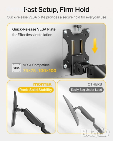 monTEK Стойка за два монитора 17–32 инча, до 9 кг всеки,VESA 75/100 мм, снимка 3 - Стойки, 3D очила, аксесоари - 54048042