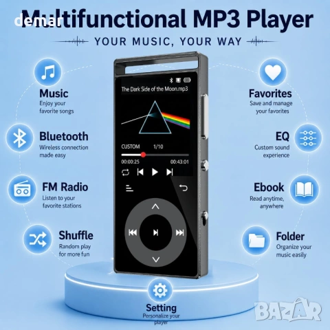 MP3 плеър 90GB Bluetooth 5.3, FM радио, HiFi звук, поддръжка до 128GB, слушалки, снимка 6 - MP3 и MP4 плеъри - 54890941