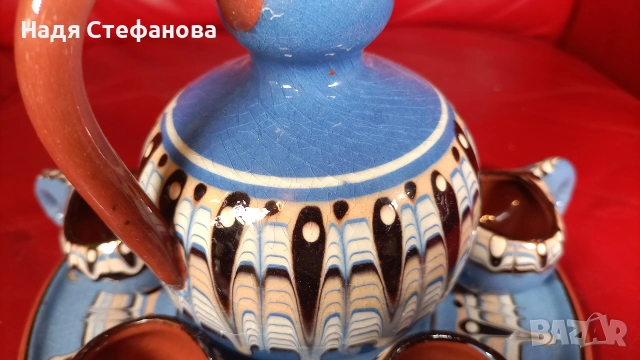 Ретро керамичен комплект за греяна ракия, павурче,  5 кратунки и табличка, снимка 6 - Антикварни и старинни предмети - 55220685