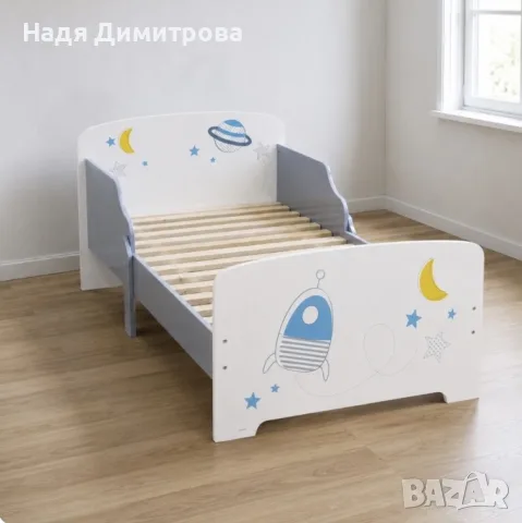Детско легло Космос 140x70 см с ламелна основа – Бяло легло с пленети, звезди и ракета
