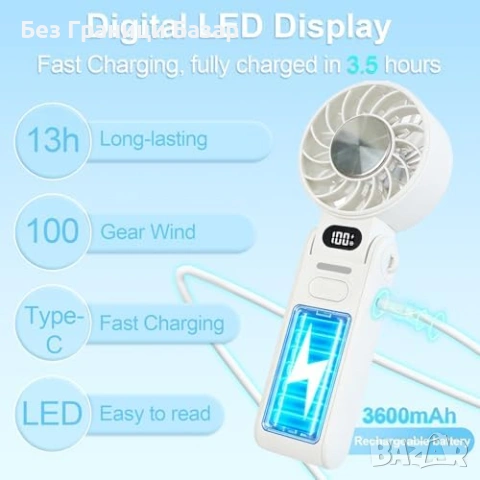 Нов мини Сгъваем ръчен вентилатор с LED дисплей 100 нива бял за охлаждане лято, снимка 4 - Други стоки за дома - 54318704