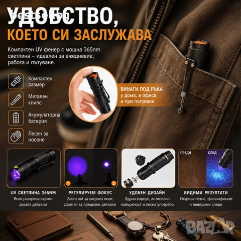 Мощен мини ръчен акумулаторен фенер ув UV лед ултравиолетова светлина, снимка 5 - Къмпинг осветление - 29084918