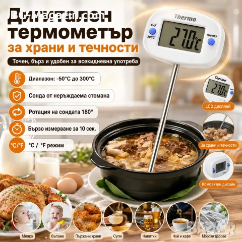 Дигитален електронен термометър за храни течности месо мляко вода готвене кухня еър фрайър Airfryer 