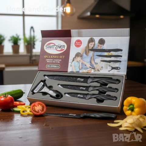 Комплект ножове Switzner от 4 части с керамично покритие и ергономични силиконови дръжки  , снимка 10 - Форми - 54027147