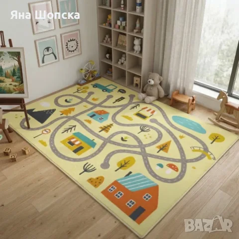 Детски килим за игра 120х160см - Светложълт килим с цветни къщички, противоплъзгащ и миещ се, снимка 3 - Килими - 55497169