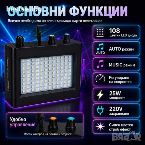 LED стробоскоп Strobe 108 с 108 цветни диода и музикален режим, снимка 2 - Лед осветление - 55052769
