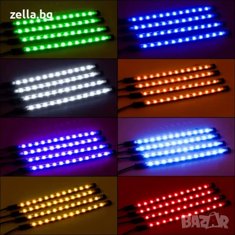 Комплект RGB амбиентно осветление за кола – 4 LED ленти по 22 см, звуков сензор, IP65 10265, снимка 5 - Аксесоари и консумативи - 54662084