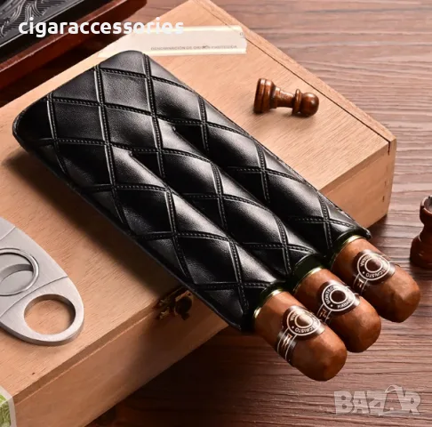 Кожен калъф за 3 пури с резачка и подаръчна кутия, снимка 3 - Табакери - 55541187