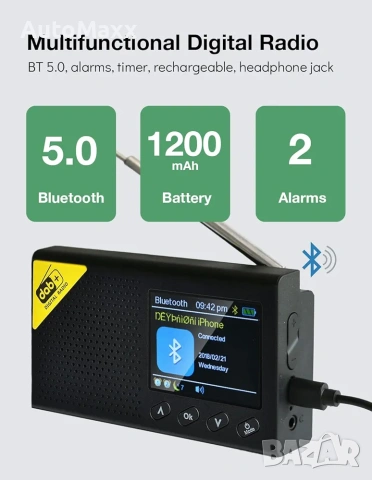 Преносимо DAB радио, DAB + цифрово радио с Bluetooth, малко преносимо DAB радио, FM радио , снимка 5 - Радиокасетофони, транзистори - 54205777